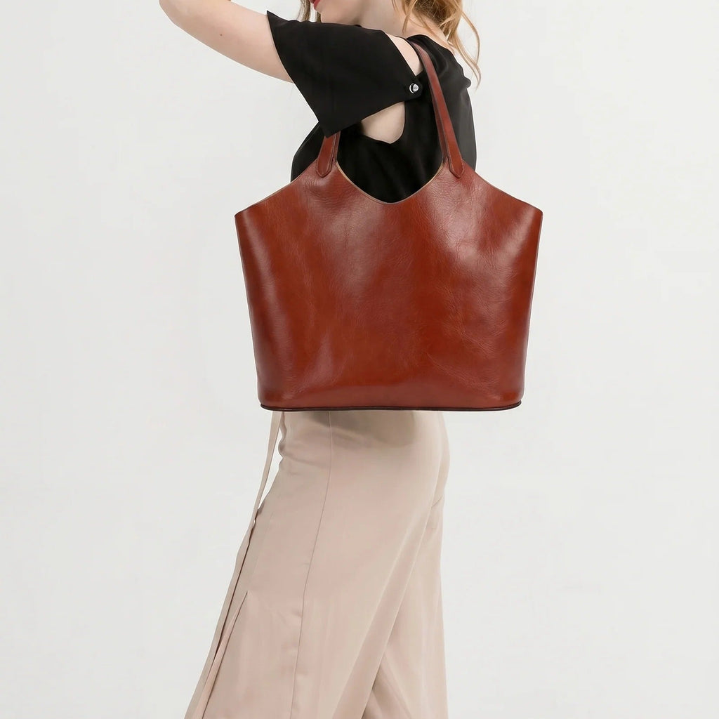 Vintage Oil Waxed Cowhide Large Capacity Tote Handbag