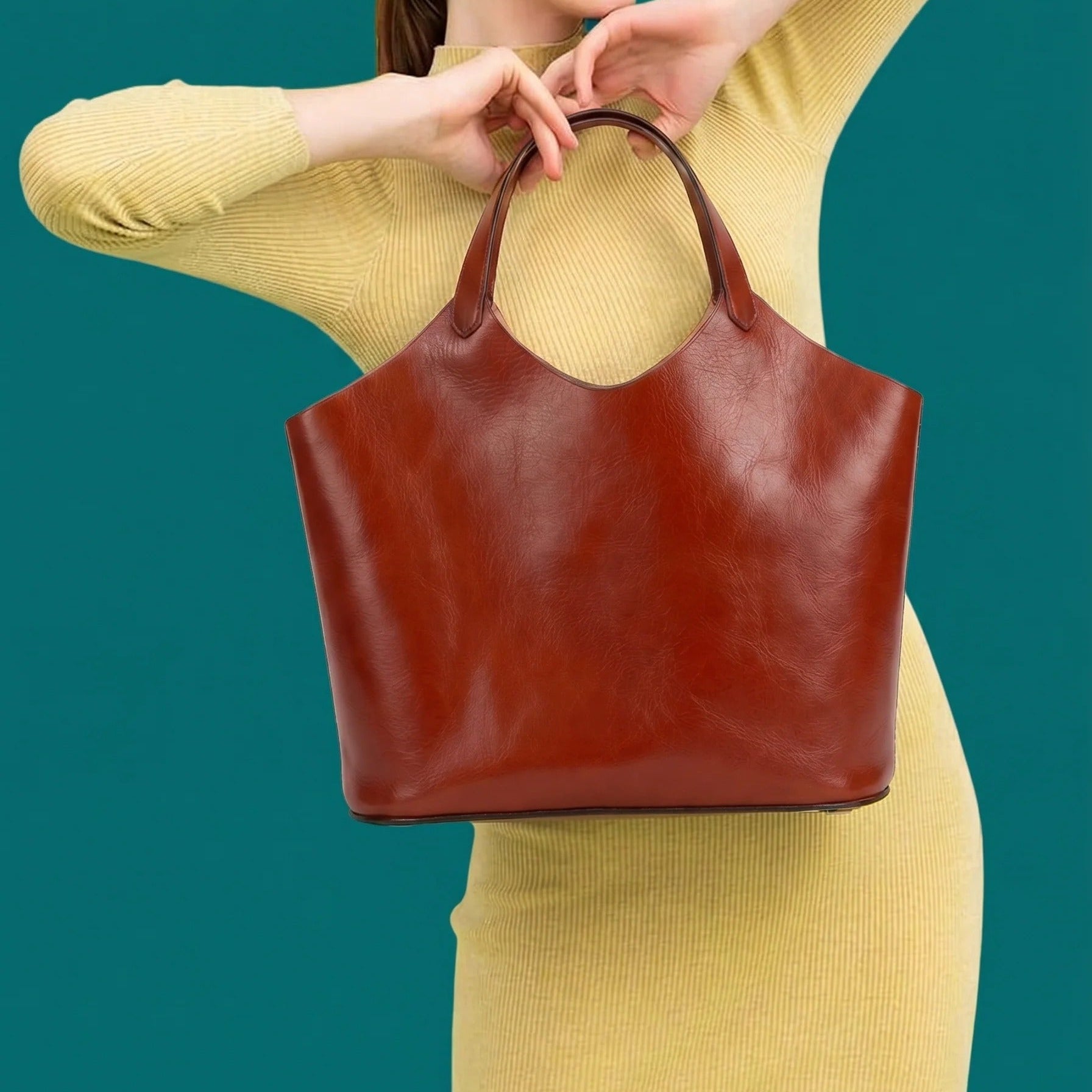 Vintage Oil Waxed Cowhide Large Capacity Tote Handbag