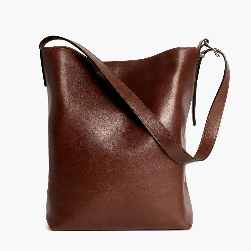 Vintage Smooth Cowhide Bucket Tote Bag With Adjustable Shoulder Strap