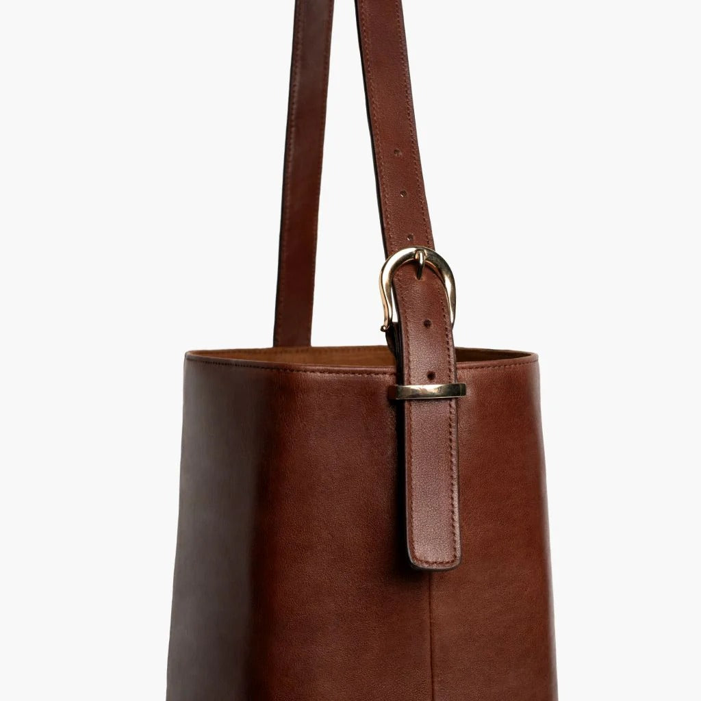 Vintage Smooth Cowhide Bucket Tote Bag With Adjustable Shoulder Strap