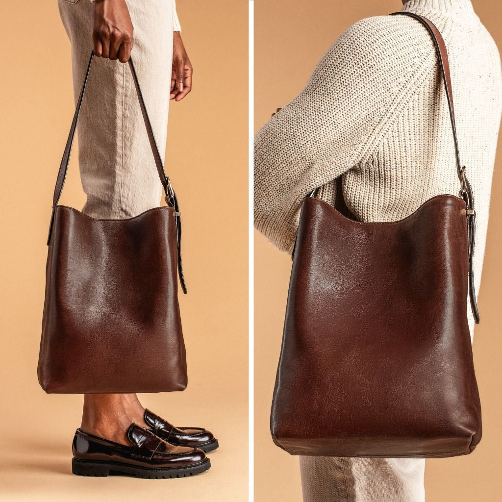 Vintage Smooth Cowhide Bucket Tote Bag With Adjustable Shoulder Strap