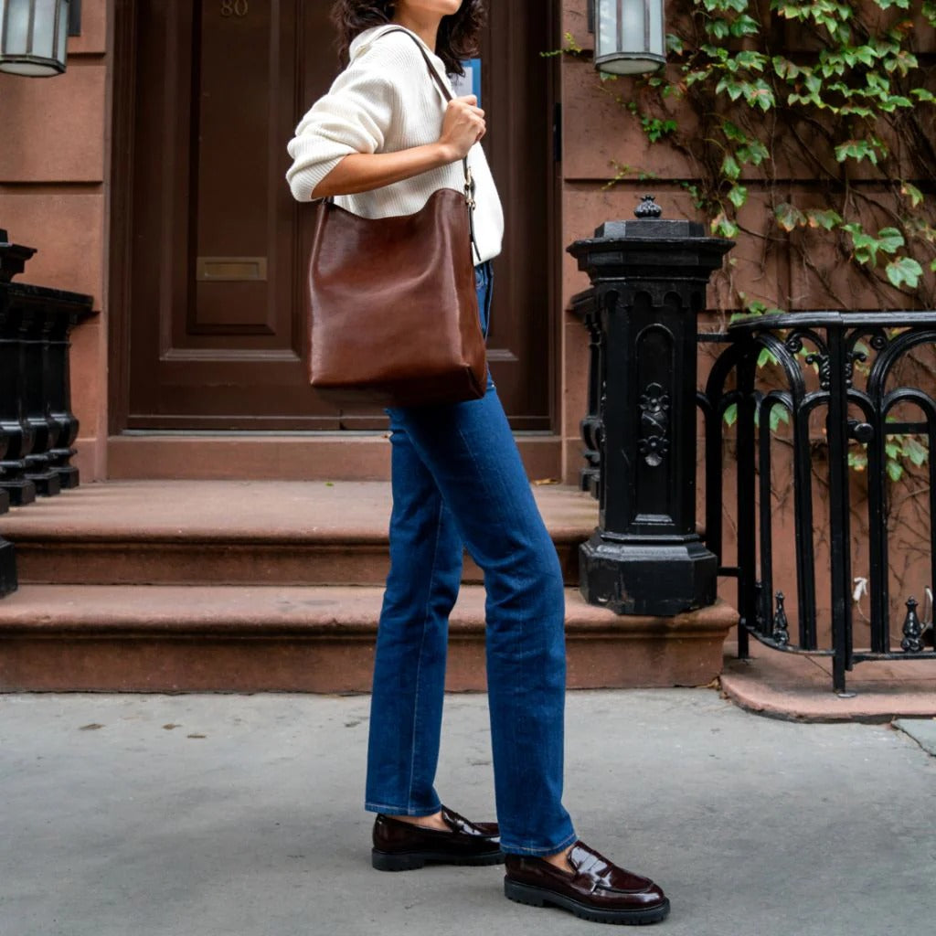 Vintage Smooth Cowhide Bucket Tote Bag With Adjustable Shoulder Strap